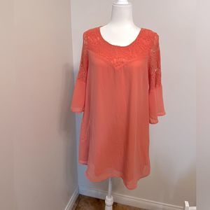 Jodifl Womens  Boho Coral 3/4 Bell Sleeve Shift Dress tunic blouse Lace dress